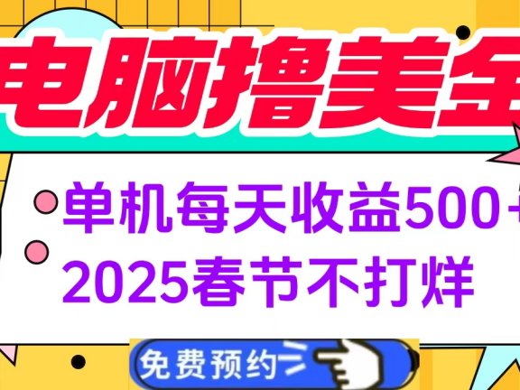 电脑撸美金单机每天收益500+，2025春节不打烊